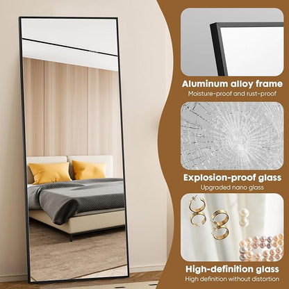 NEWBULIG Full Length Floor Mirror 58"x19", Body Standing Mirror | Wall Hanging or Leaning, Shatter-Proof Glass, Aluminum Alloy Frame with Stand, Home Decor Bedroom, Black