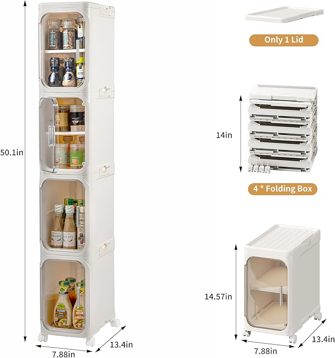 Narrow Bathroom Storage Cabinet with Wheels, 4-Tier Plastic Slim Cabinets with Adjustable Shelves for Small Spaces,Bathroom, Kitchen, Milky White