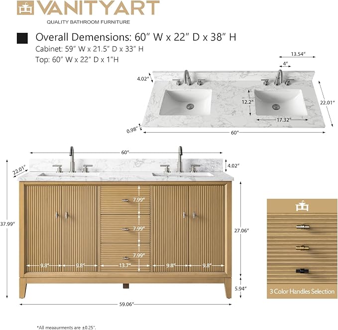 Vanity Art 60" Bathroom Vanity with Double Sink & Arabescato White Engineered Stone Top, Vanity Cabinet with Soft Closing Door, Solid Wood Frame, Golden Brushed Handles, Natural Oak VA8160D-NO-GB