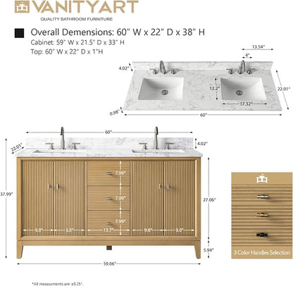 Vanity Art 60" Bathroom Vanity with Double Sink & Arabescato White Engineered Stone Top, Vanity Cabinet with Soft Closing Door, Solid Wood Frame, Golden Brushed Handles, Natural Oak VA8160D-NO-GB