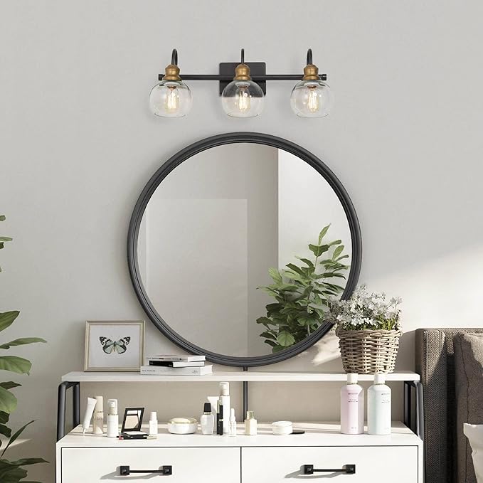 KSANA Farmhouse Bathroom Light Fixture, Modern Black Gold 3-Light Vanity Light with Opening Clear Glass Shade, Modern Antique Brass Wall Lamp Over Mirror
