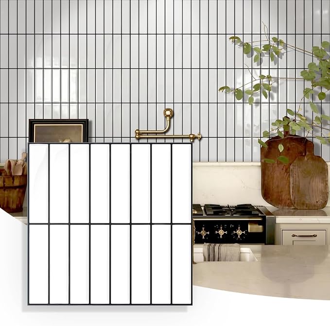 3D Peel and Stick Backsplash Tiles, 10 Pcs 12" x 12", White | Glossy Vinyl Backsplash Sticker for Renter Friendly Kitchen Bathroom DIY Wall Makeover, Cover 10 sq ft，Removable，Waterproof