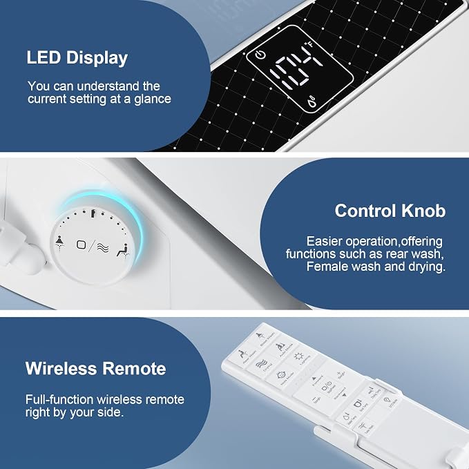 Combier Round Electric Heated Bidet Toilet Seat LED Display 210DS-B | Home & Hotel Bathroom Essential with Adjustable Warm Water,Self-cleaning Nozzle,Auto Seat Lid,Wireless Remote for Daily Use