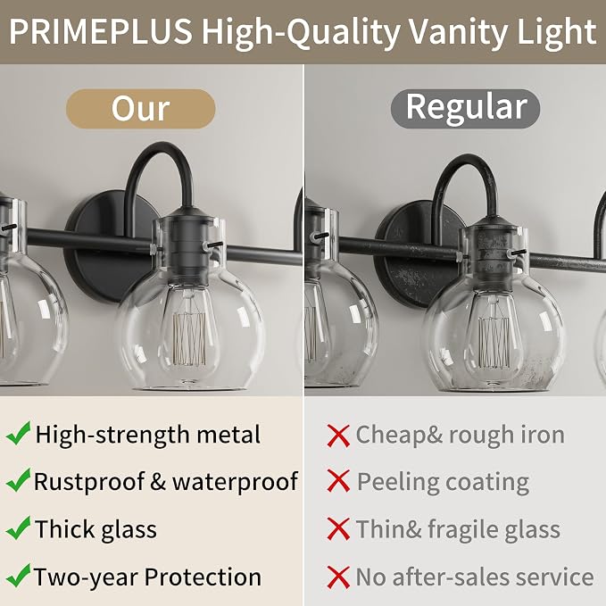 3 Lights Bathroom Vanity Light Fixtures Over Mirror Modern Black | Wall Sconce,Elegant Globe Glass Shade,E26 Base, UL Certified,Anti-Rust,Damp Rated,Matte Black,Bathroom Bedroom Living Room