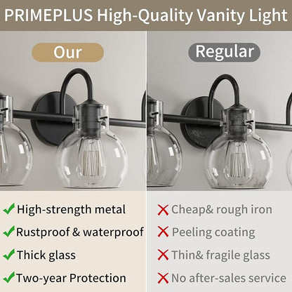 2 Lights Bathroom Vanity Light Fixtures Over Mirror, Matte Black Modern Wall Sconce with Clear Globe Glass Shades, E26 Base, Damp Rated for Bathroom Bedroom Living Room Hallway