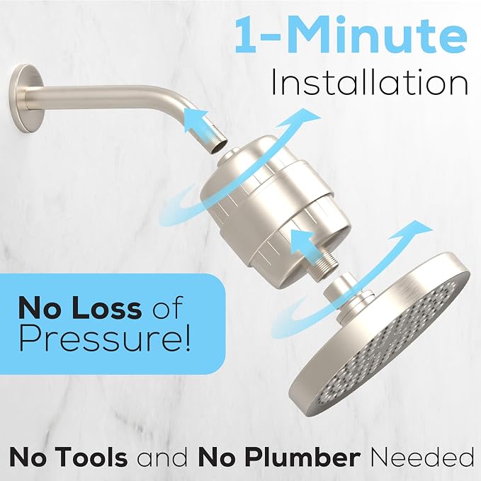 SparkPod 23-Stage Shower Head Filter for Showerheads, Brushed Nickel | Removes Chlorine & Heavy Metals, Helps Improve Hard Water, with Activated Carbon and KDF-55 Layers, High Output