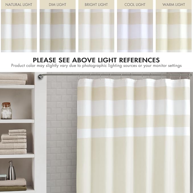 Madison Park Spa Waffle Weave Extra Long Shower Curtain, 72 x 84, Cream | Striped, Pieced Fabric Design, 3M Scotchgard Moisture Management, Hotel Quality, Modern, for Bathroom, OEKO-TEX Certified