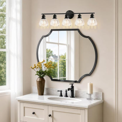 Bathroom Light Fixtures, 5-Light Brushed Black Vanity Lights for Bathroom with Clear Tulip Glass Shade, 30" Vintage Bathroom Vanity Lighting Fixtures Over Mirror for Bedroom Living Room Hallway