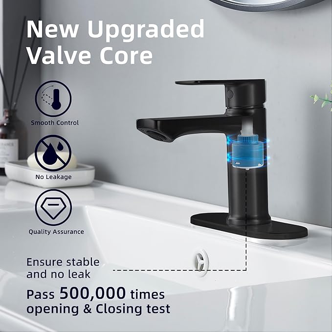BELZ Black Bathroom Sink Faucet Single Handle Bath Vanity Sink Faucets One Hole with Pop Up Drain and Deck Plate for 1 or 3 Holes Modern Washroom Faucet Matte Black