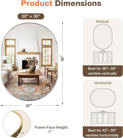 30"x36" Brushed Nickel Oval Bathroom Mirror for Over Sink, Vanity Mirror | Aluminum Alloy Frame, Clear Reflection, Rust-Resistant, Vertical or Horizontal, Wall Mount, Bedroom and Entryway