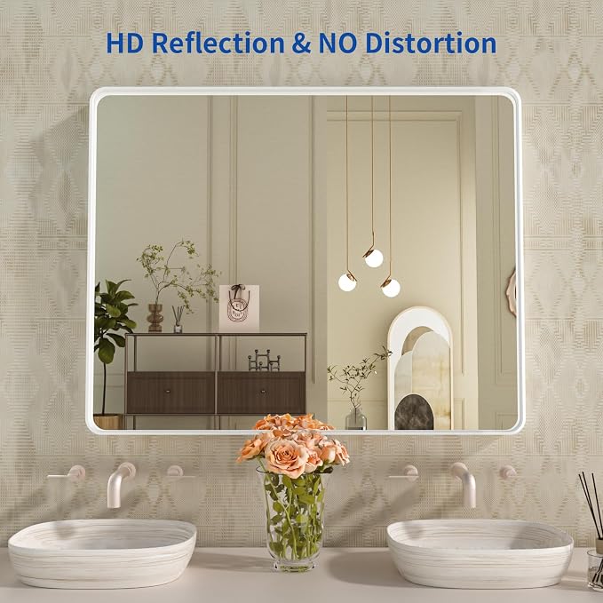 WEER White Metal Framed Bathroom Mirror 40x32 Inch | Rounded Rectangle, Matte White Framed, Tempered Glass, Anti-Rust, Hangs Horizontally or Vertically
