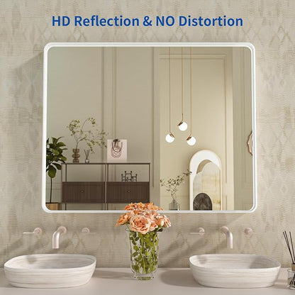 WEER White Metal Framed Bathroom Mirror 40x32 Inch | Rounded Rectangle, Matte White Framed, Tempered Glass, Anti-Rust, Hangs Horizontally or Vertically