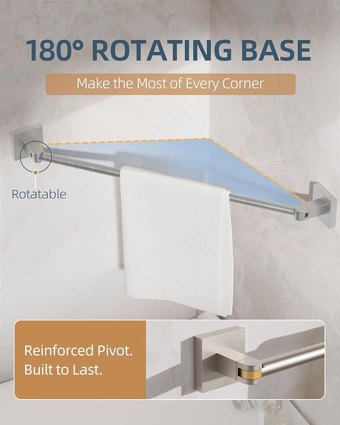 RUACQ Adjustable Towel Bar, Adhesive or Drill Wall Mount Towel Rack, Nickel | Adjust 15.8 to 26 Inch Towel Racks for Bathroom, 304 Stainless Steel Bath Towel Holder, Rustproof, Square Base, Heavy Duty