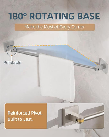 RUACQ Adjustable Towel Bar, Adhesive or Drill Wall Mount Towel Rack, Nickel | Adjust 15.8 to 26 Inch Towel Racks for Bathroom, 304 Stainless Steel Bath Towel Holder, Rustproof, Square Base, Heavy Duty