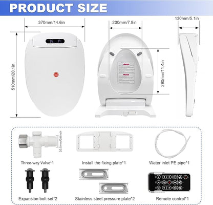 Electric Bidet Toilet Seat Elongated, Slow Close Seat, Warm Air Dryer, Remote Control, LED Light, Smart Heated Bidet Seat, Temp Adjustable Toilet Lid