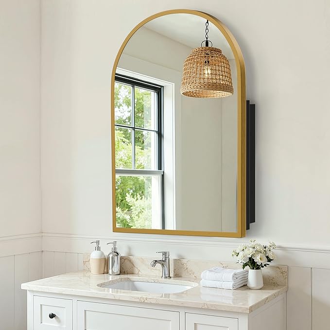 Casaphoria 39" H x 30" W Arched Bathroom Medicine Cabinet with Mirror, Metal Frame Wall Medicine Cabinets Mirrors, Wall Mirror Cabinet, Gold A