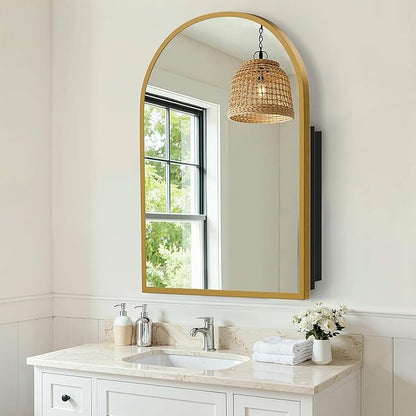 Casaphoria 39" H x 30" W Arched Bathroom Medicine Cabinet with Mirror, Metal Frame Wall Medicine Cabinets Mirrors, Wall Mirror Cabinet, Gold A