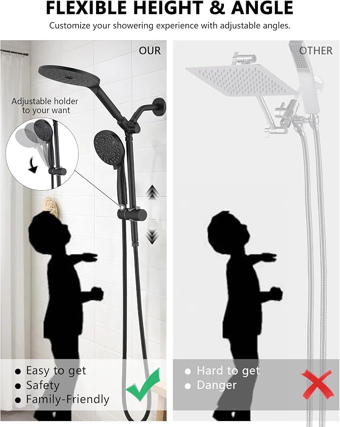 PDPBath High Pressure Rainfall Shower Head with Handheld Combo, 10 Setting Handheld Shower Head, Dual Handheld Shower Head Combo with Slide Bar for Easy Reach, Matte Black