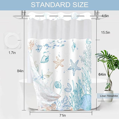 No Hook Shower Curtain and Liner Set, Orange Beach Coastal 71x84 | Nautical Ocean for Bathroom, with Snap in Liner Replacement, Mesh Top Window, Waterproof, Machine Washable, Quick-Drying