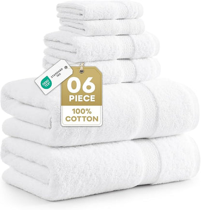 LANE LINEN Bath Towel Set 100% Cotton 6 Piece Soft Absorbent - White | Shower Towels - Generously Sized, Oversized & Roomy, Lightweight & Breathable, Fade-Resistant Color, Classic Terry Weave