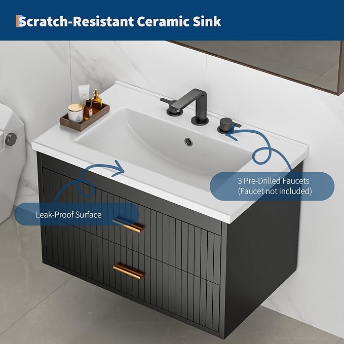 24 Inch Floating Bathroom Vanity with Sink - Modern Wall Mounted Vanity with Ceramic Sink, 2 Large Drawers, Waterproof & Easy Clean