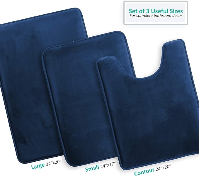 Clara Clark 3 Piece Bathroom Rugs Bath Mat Set, Velvet Memory Foam Bath Mats for Bathroom - Non-Slip, PVC Backing Bath Rugs, Washable - Dries Quickly, Blue