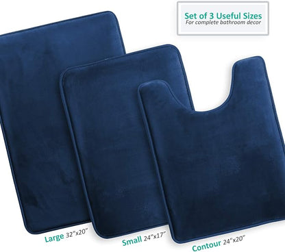 Clara Clark 3 Piece Bathroom Rugs Bath Mat Set, Velvet Memory Foam Bath Mats for Bathroom - Non-Slip, PVC Backing Bath Rugs, Washable - Dries Quickly, Blue