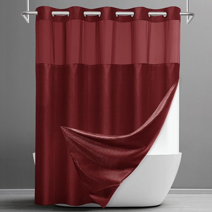 SORTTO No Hook Shower Curtain with Snap in Liner Set Waffle Shower Curtain for Bathroom Hotel Style Fabric Waterproof Inner Liner，71" W x 74" H, Burgundy