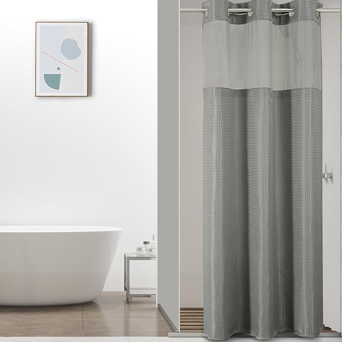 Colorful Star Waffle Weave No Hook Shower Curtain Set, 36 x 75 Inch, Grey | Heavy Duty Thick Shower Curtain Sets with Snap in Fabric Liner and Mesh Top Window, Hotel Style Waterproof Bathroom Curtain