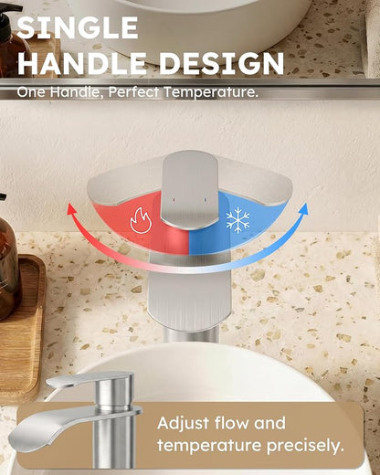 Vessel Sink Faucet Brushed Nickel for Bathroom：WOWOW Single Handle Tall Bathroom Faucet - Waterfall Single Hole Mixer Bar Tap with Large Rectangular Spout, Deck Mount Lavatory Vanity with Pop Up Drain