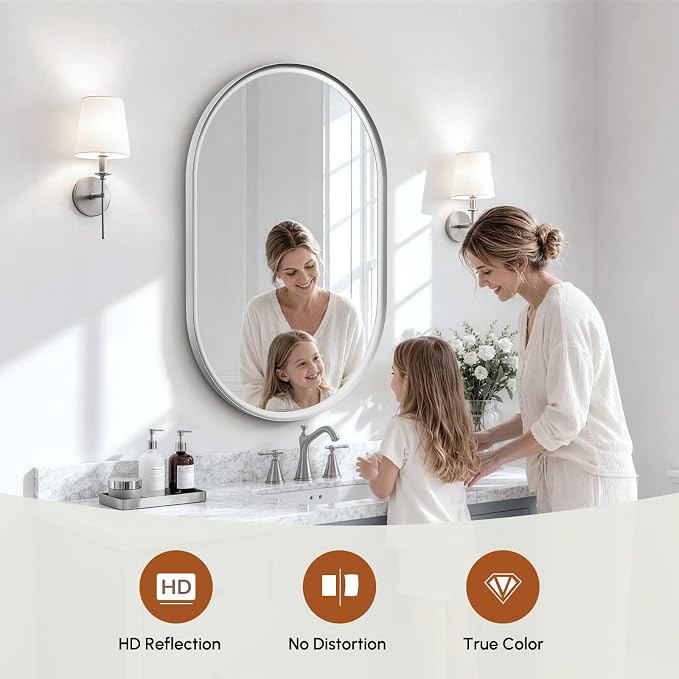 Brushed Nickel Pill Oval Mirror for Bathroom 24x36 Inch | Small Silver Vanity Mirror, HD Glass, Rust-Proof Aluminum Frame, Inner-Curved Decor for Bedroom, Entryway Renovation