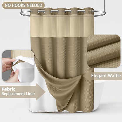 No Hook Shower Curtain and Liner Set,Beige Hotel Waffle Shower Curtain with Liner 75" L x 72" W