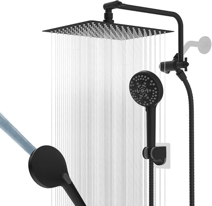 12" Metal Rainfall Shower Head with 10-Mode Handheld, Matteblack | NSF/ANSI/CAN 372 Certified, High Pressure Showerhead Combo with 11" Adjustable Shower Arm, 71" Hose, Shower Head Holder
