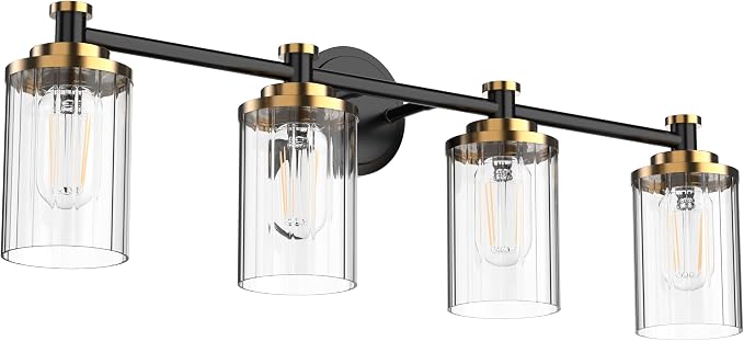 Bathroom Lighting Fixtures Black and Brass Bathroom Vanity Light with Cylindrical Clear Stripes Glass Lampshade E26 Socket Base Bathroom Lighting Fixtures Over Mirror (4 Lights)