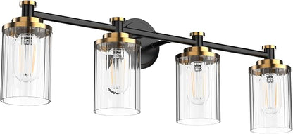 Bathroom Lighting Fixtures Black and Brass Bathroom Vanity Light with Cylindrical Clear Stripes Glass Lampshade E26 Socket Base Bathroom Lighting Fixtures Over Mirror (4 Lights)