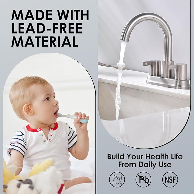 Two Handle 4 inch Brushed Nickel Bathroom Faucet, Bathroom Sink Faucet for 3 Holes with Pop-up Drain and 2 Supply Hoses, Lead-Free