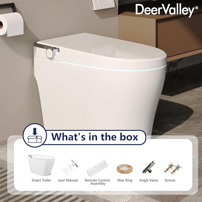 DeerValley Smart Toilet, One Piece Tankless Toilet with Built-in Bidet, 1.28GPF Auto Flush, Foot Kick, Warm Water, Heated Seat, Remote Control, 10" Rough-In Options