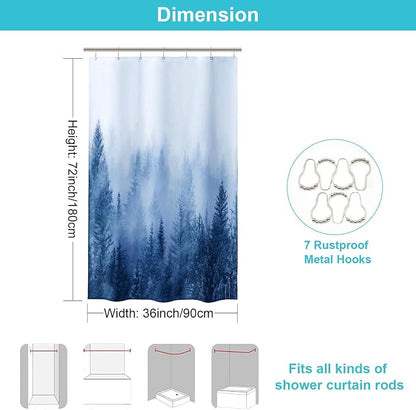 ORTIGIA 36x72 Misty Forest Stall Shower Curtain for Small Bathroom, Blue Half Size Narrow Nature Woodland Shower Curtain Set with Hooks, Waterproof Fabric Pine Tree Fog Magic Home Bath Curtain