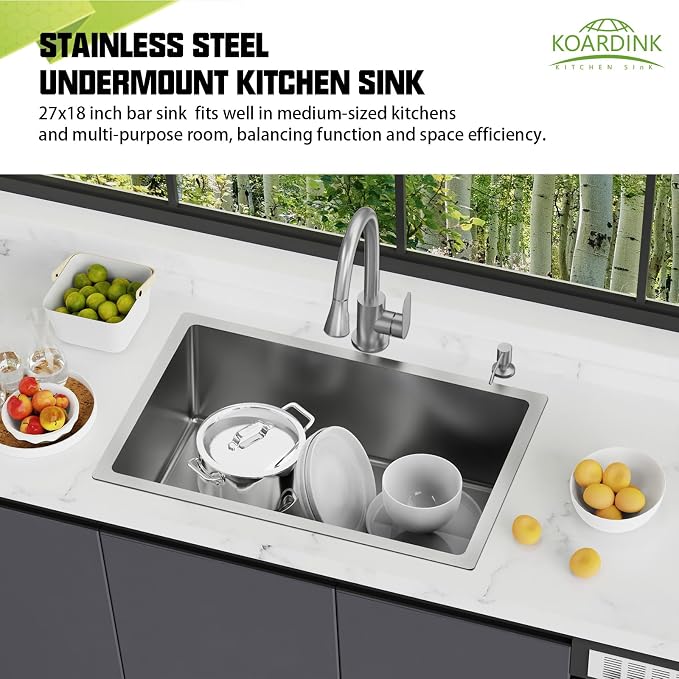 Kitchen And Bar Sink, 27x18 Inch Stainless Steel Undermount Modern Single Bowl Kitchen And Bar Sink Combo-Silicon Mat,Drain Strainer Set Compatibility With Various Kitchen&Bar Style