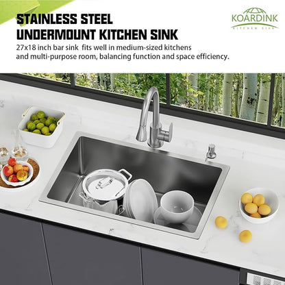Kitchen And Bar Sink, 27x18 Inch Stainless Steel Undermount Modern Single Bowl Kitchen And Bar Sink Combo-Silicon Mat,Drain Strainer Set Compatibility With Various Kitchen&Bar Style