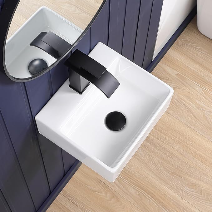 Small Wall Mount Bathroom Vessel Sink 13"x12" Rectangular Floating White Porcelain Ceramic Wall Hung Vanity Basin Sink for Tiny Home,RV,Bathroom