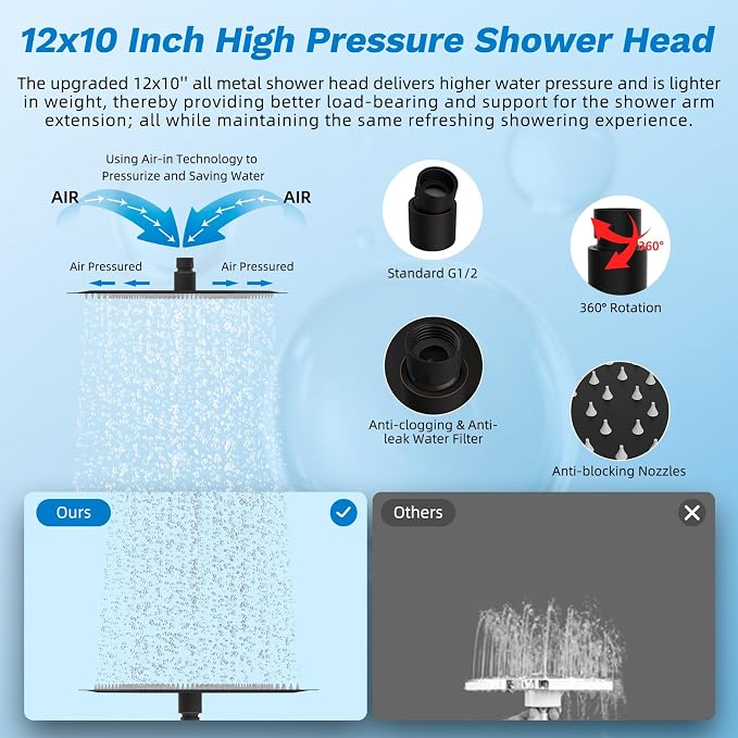 Hibbent 12" Dual Filtered 10" Rainfall Shower Head with Handheld 10-Spray | High Pressure Metal Oil-Rubbed Bronze Showerhead Combo with Filter, Extension Arm with 4-way Diverter, 71'' Hose & Holder