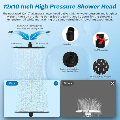 Hibbent 12" Dual Filtered 10" Rainfall Shower Head with Handheld 10-Spray | High Pressure Metal Oil-Rubbed Bronze Showerhead Combo with Filter, Extension Arm with 4-way Diverter, 71'' Hose & Holder