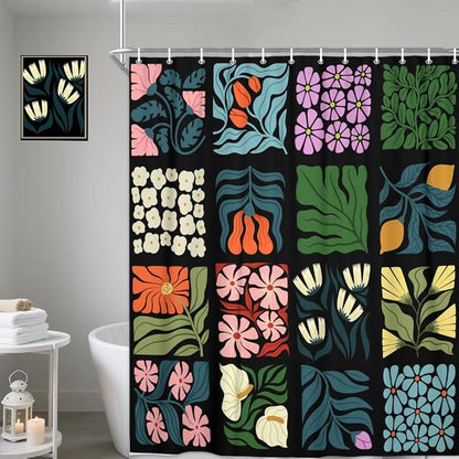 JAWO Retro Shower Curtain Vintage Abstract Cute Boho Floral Shower Curtains for Bathroom Decor Black Blue Botanical Geometric Groovy Aesthetic Pattern Shower Curtain Sets with Hooks, 70X70IN