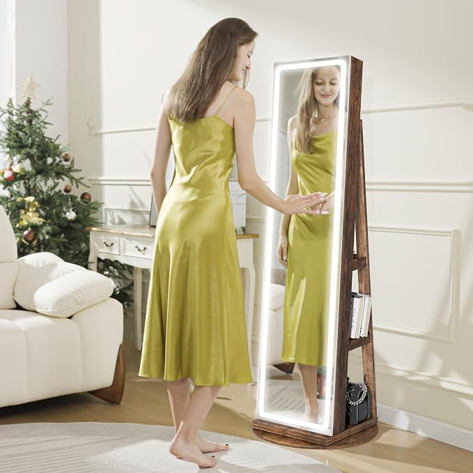 Mirror Jewelry Cabinet Standing, Jewelry Armoire | with Full-Length LED Mirror and Adjustable Lights, 360° Swivel Jewelry Organizer Storage