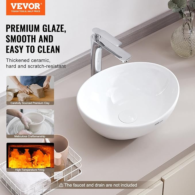 VEVOR Oval Vessel Sink, 16" x 13.4" Bathroom Vessel Sink Bowl Countertop, White Ceramic Bathroom Sinks Above Counter, Bowl Sink with Modern Style, Well-Packaged for Bathroom, Hotel, Toilet, RV