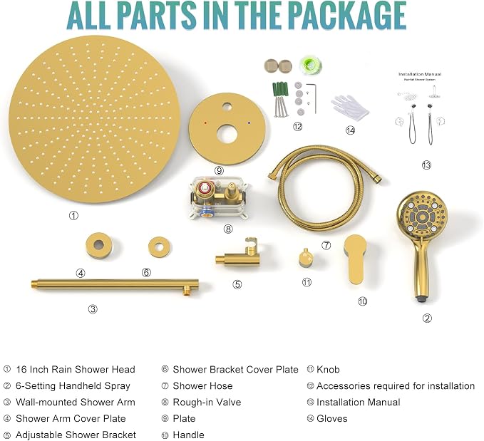 SR SUN RISE Shower Faucet - 16 Inch Multifunctional High Pressure Shower Head System with Handheld Shower Head Fixtures - Valve Included - Brushed Gold