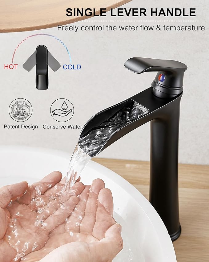 Waterfall Bathroom Sink Faucet, Brass Tall Black Bathroom Faucet Single Handle Vessel Faucet, Bathroom Faucets One Hole Mixer Bowl Tap with Pop-Up Drain Water Hoses for Vanity Lavatory Farmhouse