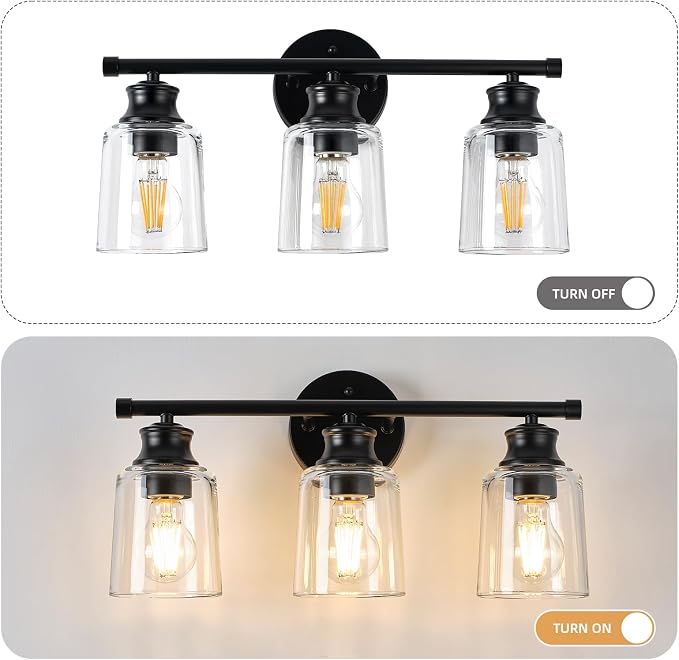 Bathroom Light Fixtures Over Mirror, 3 Lights Vanity Lights with Clear Glass Shade, 18.1" Matte Black Farmhouse Bathroom Wall Light Fixtures for Bedroom, Porch, Hotel, Mirror Cabinet