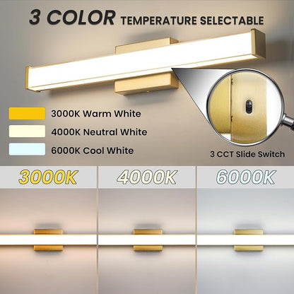 Modern LED Bathroom Vanity Light 24 inch 18W Dimmable 3CCT Bathroom Light Fixture Over Mirror Rectangle Bath Vanity Light Bar with Double Layer Acrylic Shade (Golden)